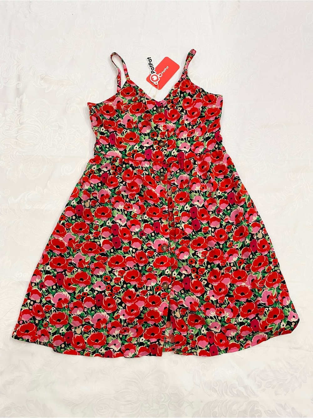 Girl Red and Pink Floral Front Button Spaghetti-Strap Midi Dress, Size 9-10Y